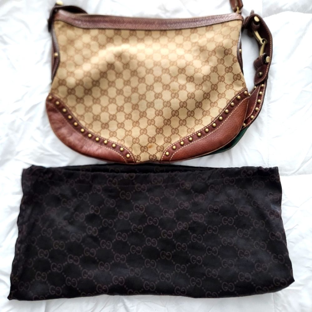 Gucci 144011 Brown GG Web with Horsebit Medium Studded Pelham Shoulder Bag
